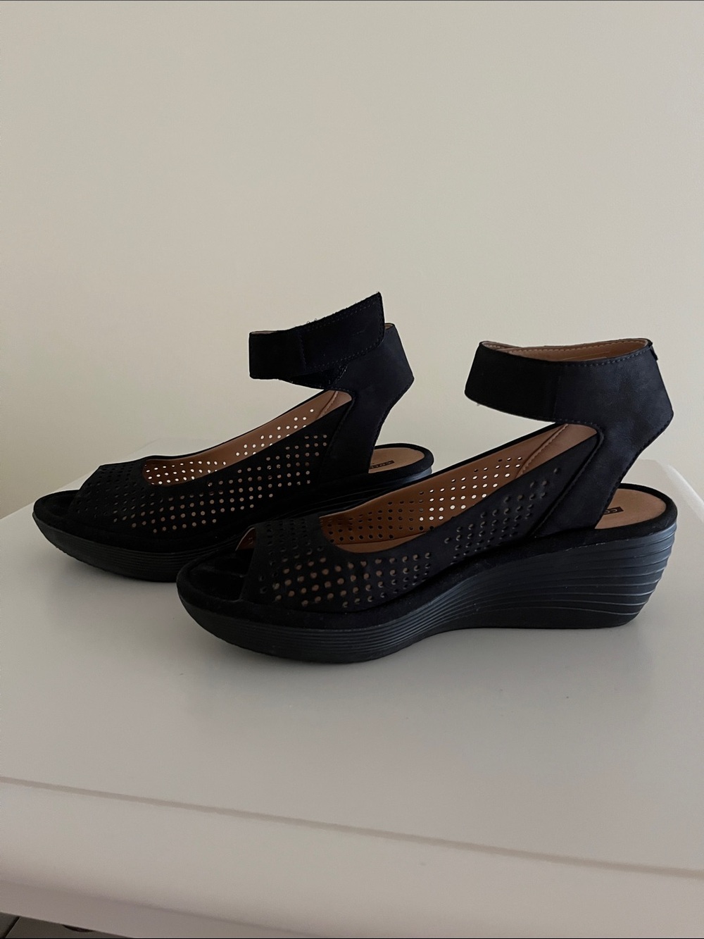 ComfortLift Clarks Black Wedge Sandals with Velcro Ankle Strap